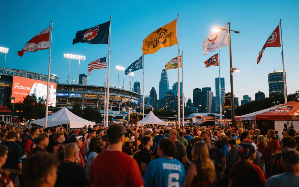 世界杯决赛日球迷活动与城市夜景：人群、旗帜与城市地标的氛围画面